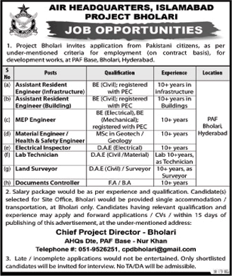 PAF Base Bholari Hyderabad Jobs June 2022 Lab Technician, Electrical Inspector & Others Latest