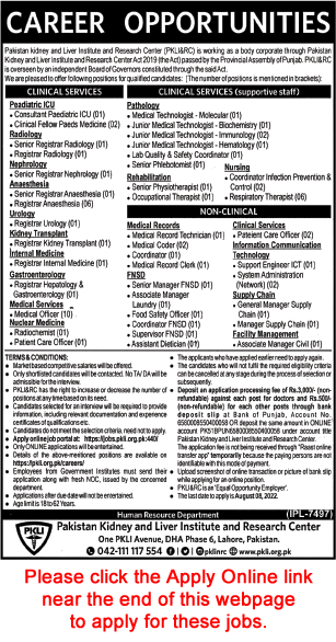 PKLI Lahore Jobs July 2022 PKLI&RC Apply Online Pakistan Kidney and Liver Institute and Research Center Latest