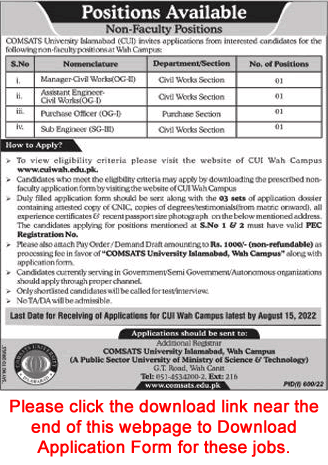 COMSATS University Wah Campus Jobs July 2022 August Application Form DAE Civil Engineers & Others Latest