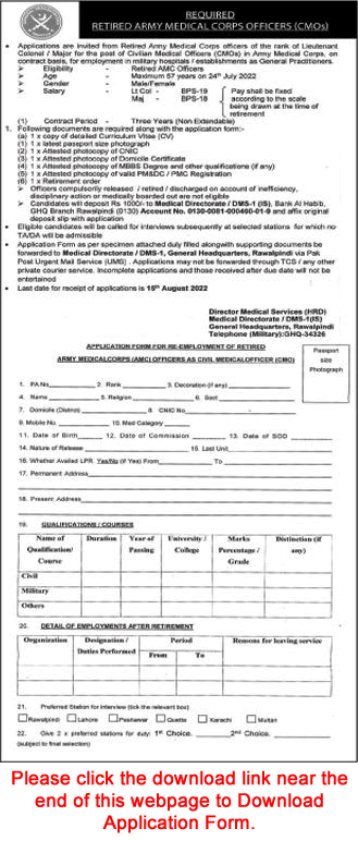 Civilian Medical Officer Jobs in Army Medical Corps 2022 July / August Application Form Latest