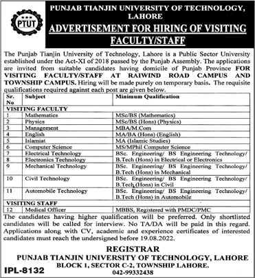 Punjab Tianjin University of Technology Lahore Jobs 2022 August PTUT Visiting Faculty & Medical Officer Latest