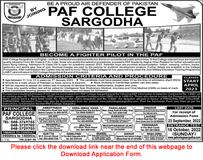 PAF College Sargodha Admission 8th Class 2022-2023 Join to be a GD Pilot in Pakistan Air Force Latest