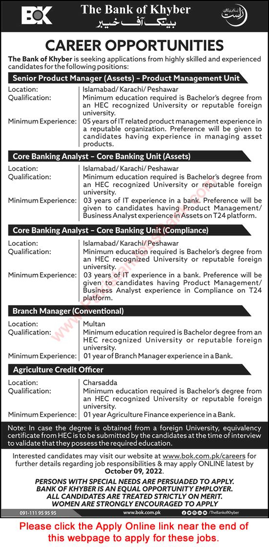 Bank of Khyber Jobs September 2022 Apply Online Branch Manager, Agriculture Credit Officer & Others Latest