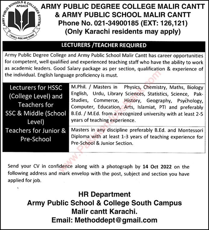 Teaching Faculty Jobs in Army Public Degree College Malir Cantt Karachi October 2022 Latest