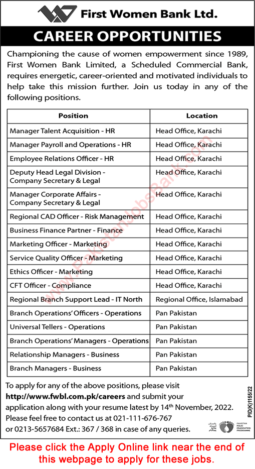 FWBL Jobs October 2022 November Apply Online Tellers, Relationship Managers & Others Latest