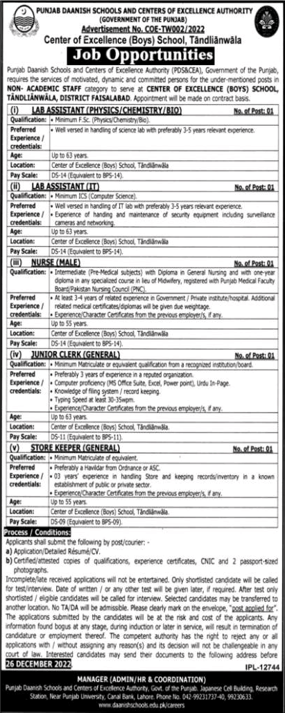 Danish School Tandlianwala Jobs 2022 December Faisalabad Center of Excellence School Latest