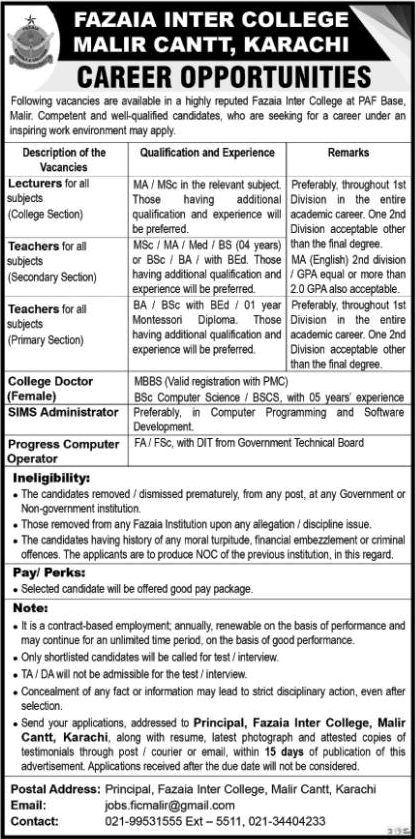 Fazaia Inter College Malir Cantt Karachi Jobs December 2022 Lecturers / Teachers & Others Latest