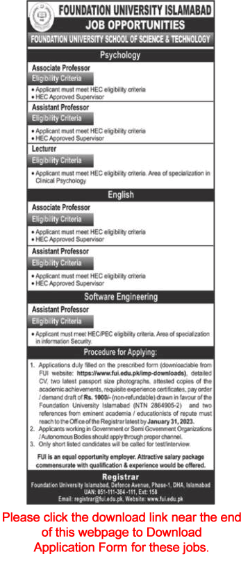Foundation University Islamabad Jobs 2023 Application Form Teaching Faculty Latest