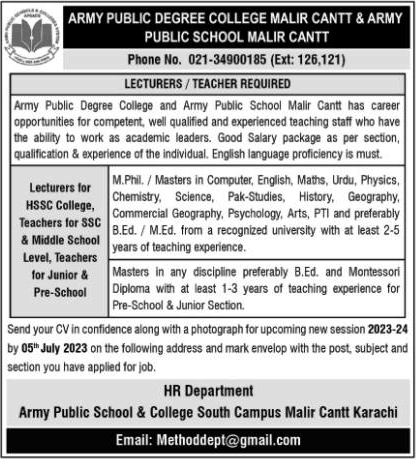 Army Public Degree College Malir Cantt Karachi Jobs 2023 June Lecturers & Teachers APS Latest