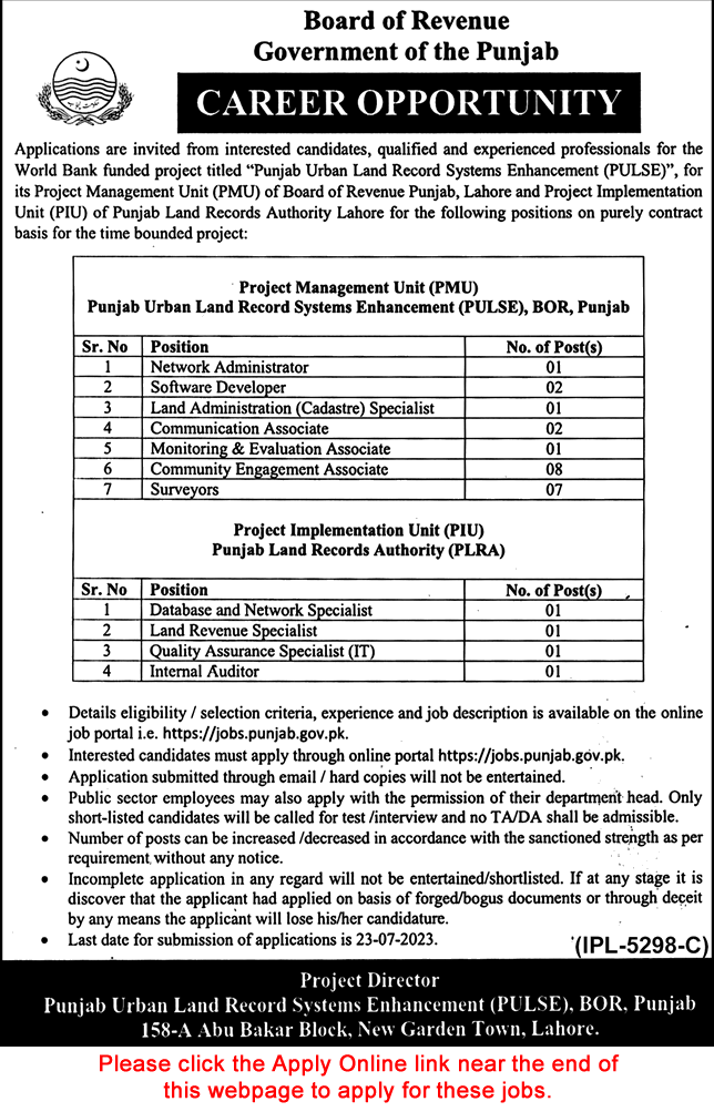 Board of Revenue Punjab Jobs July 2023 Apply Online Surveyors, Community Engagement Associates & Others Latest