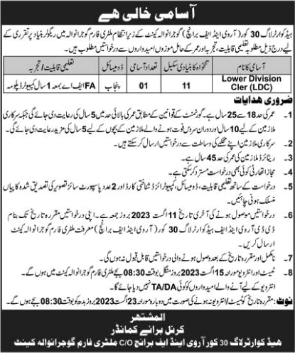 Clerk Jobs in Headquarter Log 30 Corps Gujranwala 2023 July / August Latest