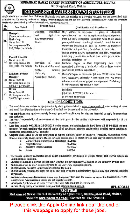Muhammad Nawaz Shareef University of Agriculture Multan Jobs 2023 July / August Apply Online Latest