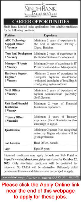 Sindh Bank Jobs October 2023 Apply Online Treasury Officers, IT Manager & Others Latest