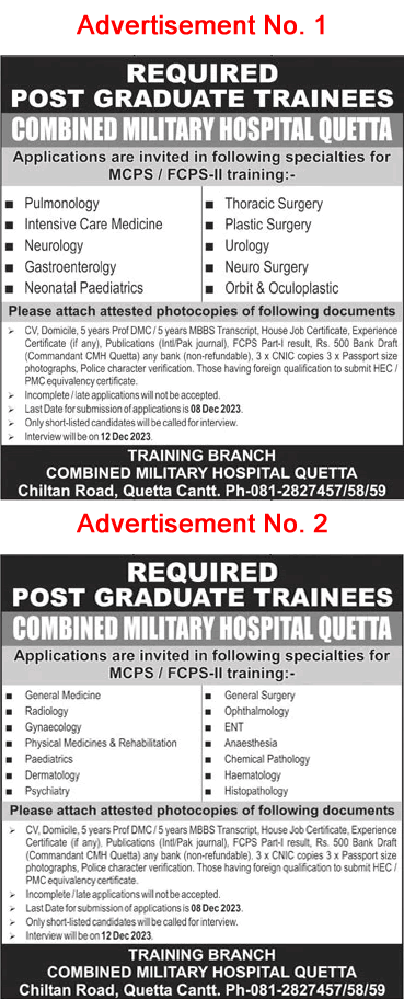 CMH Quetta Postgraduate Training November 2023 Combined Military Hospital FCPS-II / MCPS Latest