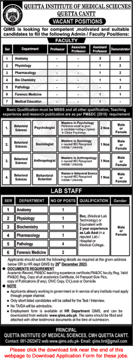 Quetta Institute of Medical Sciences Jobs December 2023 Application Form Teaching Faculty & Lab Assistants Latest