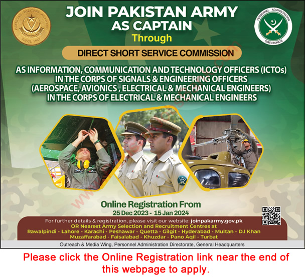 Join Pakistan Army as Captain December 2023 / 2024 ICTO / Engineers through Direct Short Service Commission Online Registration