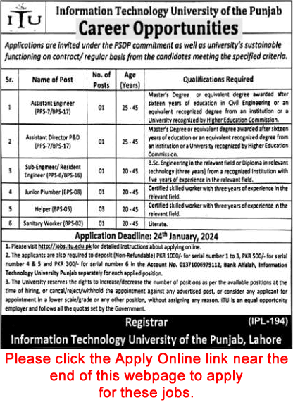 Information Technology University Lahore Jobs 2024 ITU Online Apply Latest