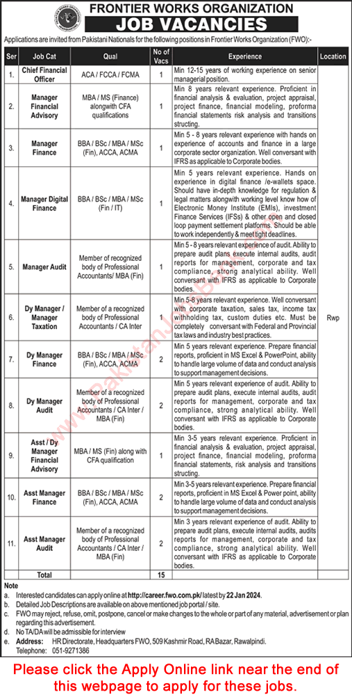 FWO Rawalpindi Jobs 2024 Apply Online Assistant / Deputy Managers & Others Frontier Works Organization Latest