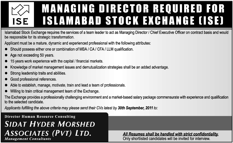 Managing Director Required For Islamabad Stock Exchange (ISE)