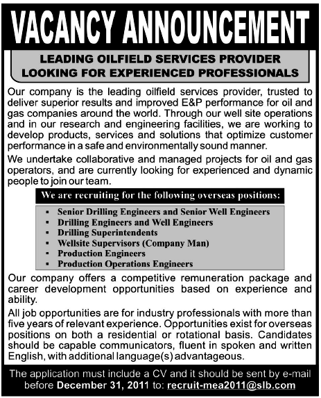 Vacancy Announcement in Oilfield Services Provider
