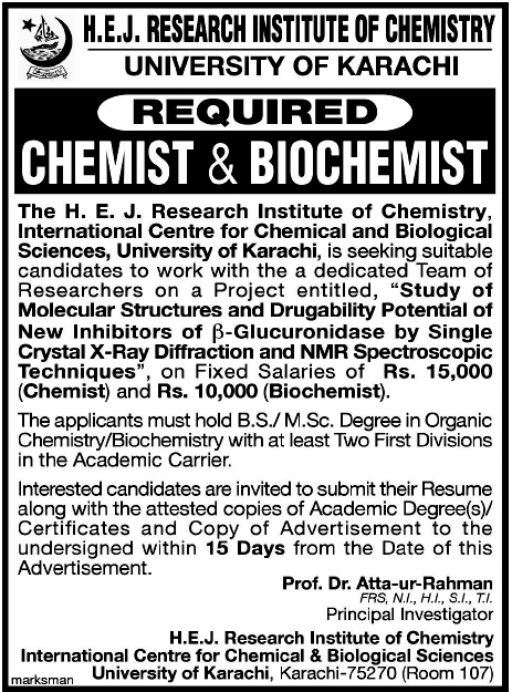 Required in H.E.J Research Institute of Chemistry