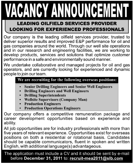 Oilfield Services Provider, Vacancies Announcement