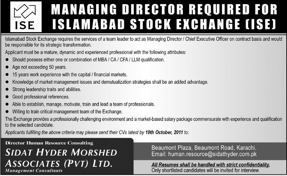 Managing Director Required  by Islamabad Stock Exchange (ISE)