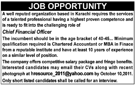 Chief Financial Officer Required by an Organization Based in Karachi