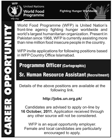 UN World Food Programme Required Programme Officer & Sr. Human Resource Assistant