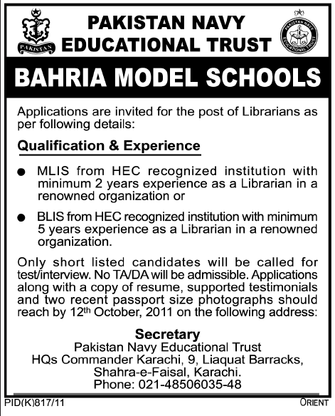 Pakistan Navy Educational Trust Required Librarians
