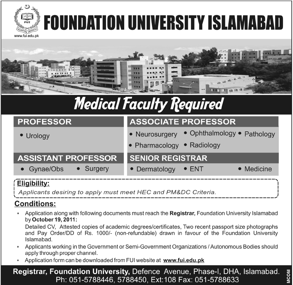 Foundation University Islamabad Required Medical Faculty