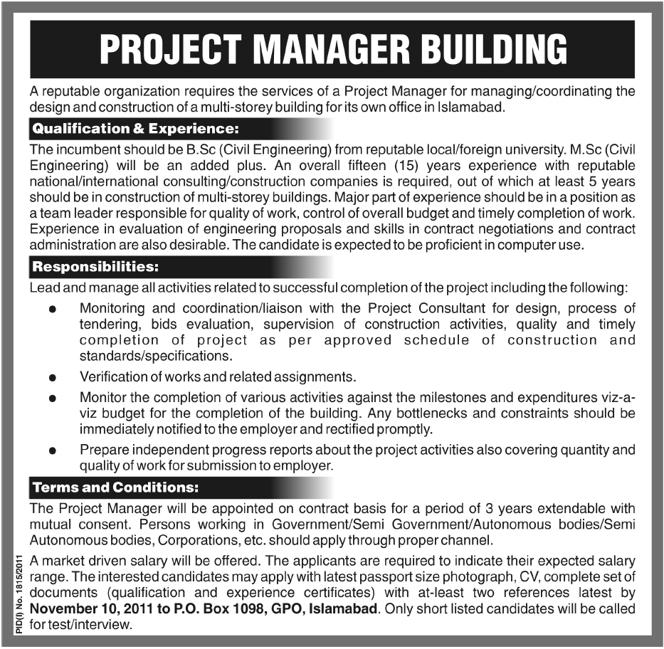 Project Manager Required by a Construction Company