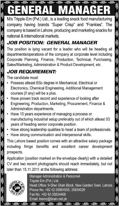 General Manager Required by M/s Tripple-Em (Pvt) Ltd