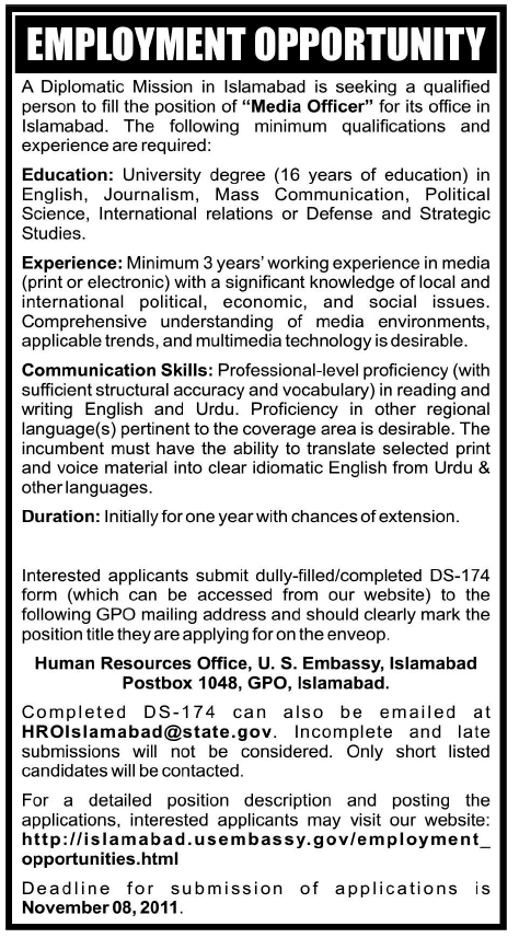 Media Officer Required by US Embassy