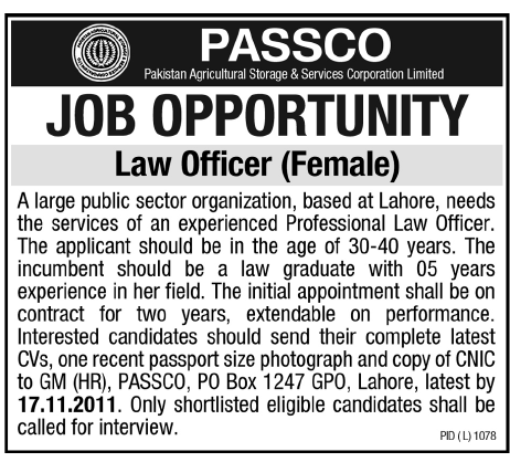 Pakistan Agricultural Storage and Services Corporation Ltd. Required Law Officer (Female)
