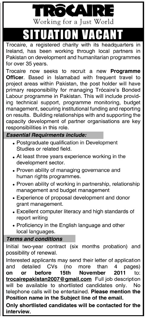 TROCAIRE Required Programme Officer