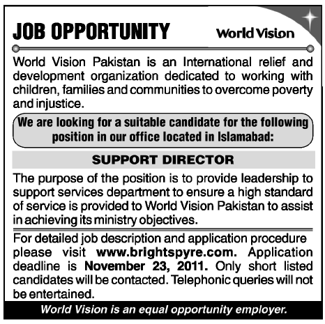 World Vision Required the Services of Support Director