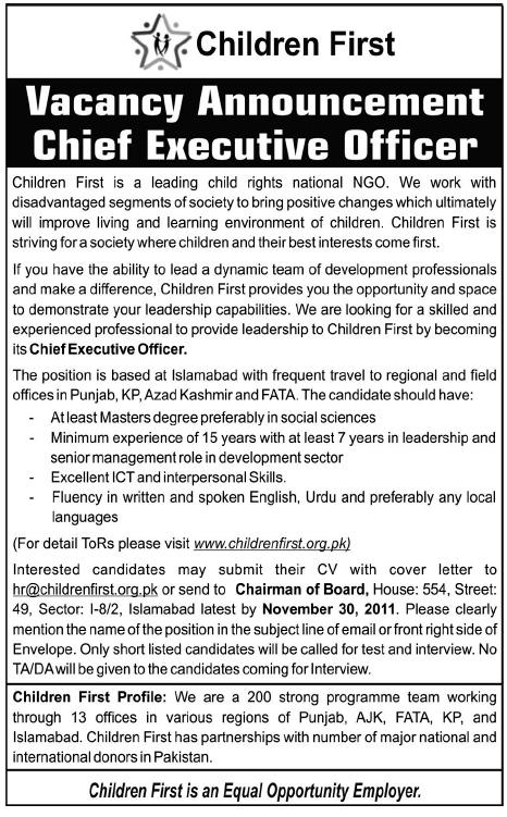 Chief Executive Officer Required Children First
