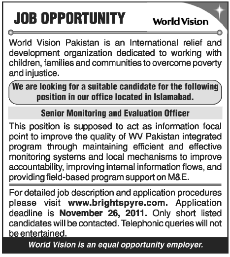 World Vision Required the Services of Senior Monitoring and Evaluation Officer