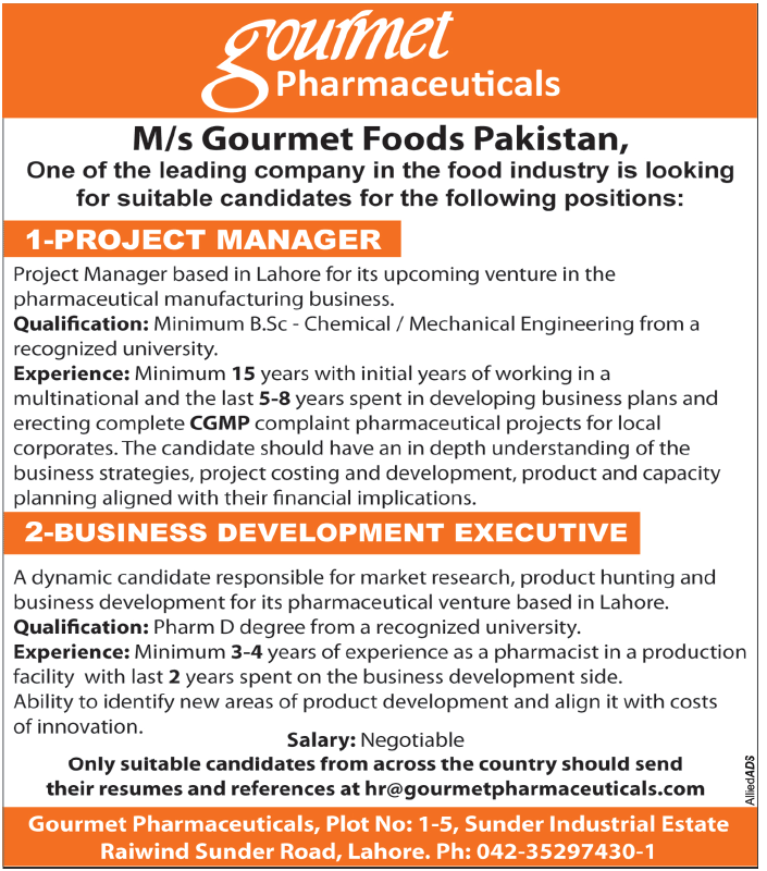 Gourmet Pharmaceuticals Required Project Manager and Business Development Executive