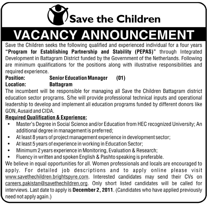 Save the Children Required the Services of Senior Education Manager