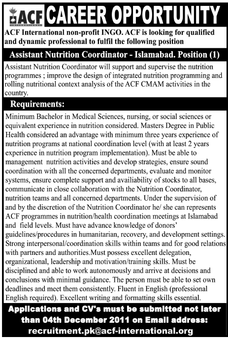 Assistant Nutrition Coordinator Required by ACF INGO in Islamabad