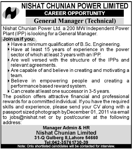 Nishat Chunian Power Limited Required General Manager (Technical)