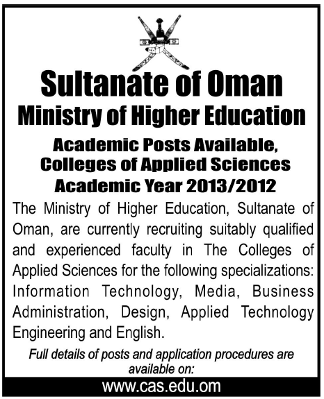 Sultanate of Oman, Ministry of Higher Education Required Faculty for Colleges of Applied Sciences