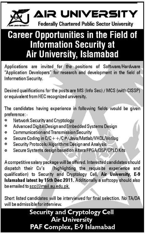 Air University Islamabad Jobs Opportunity