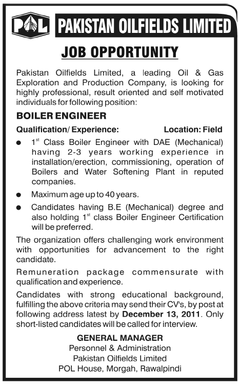 Pakistan Oilfields Limited Required Boiler Engineer