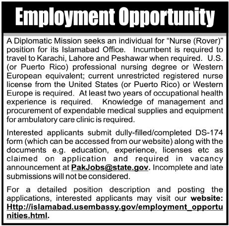 US Embassy Required Nurse (Rover)