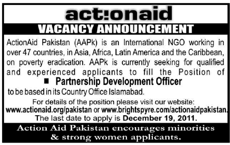 Action Aid Pakistan (AAPk) Required Partnership Development Officer