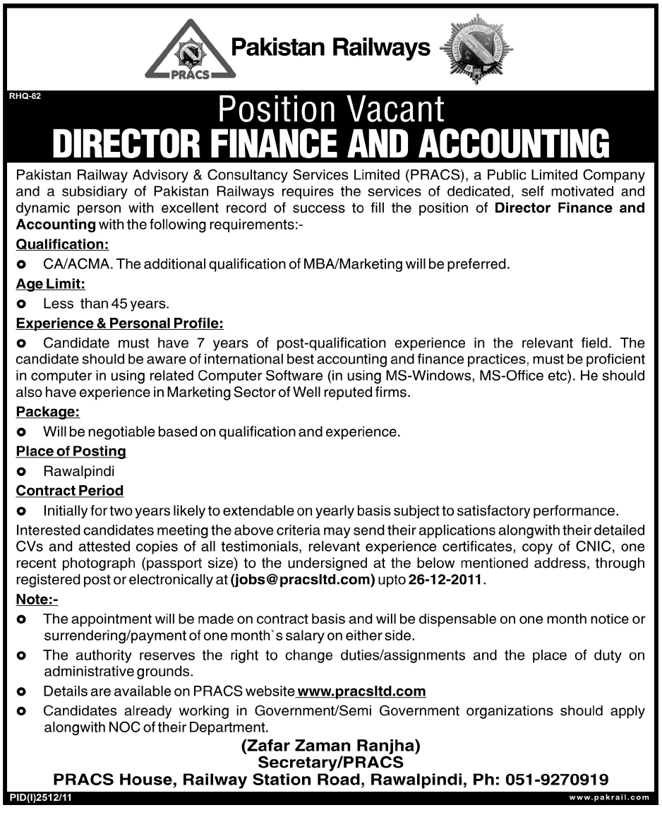Director Finance and Accounting Required by Pakistan Railways