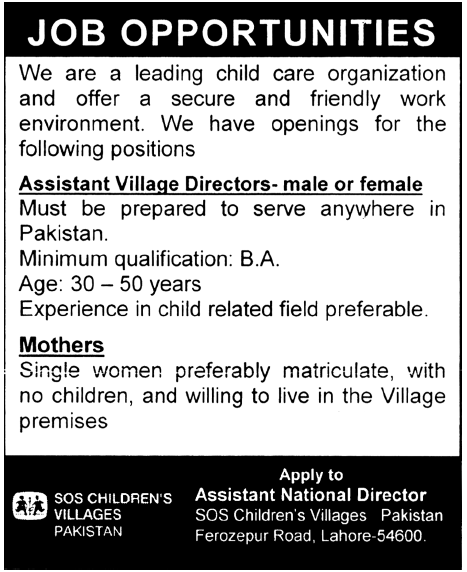 SOS Children's Villages Pakistan Required Assistant Village Directors and Mothers